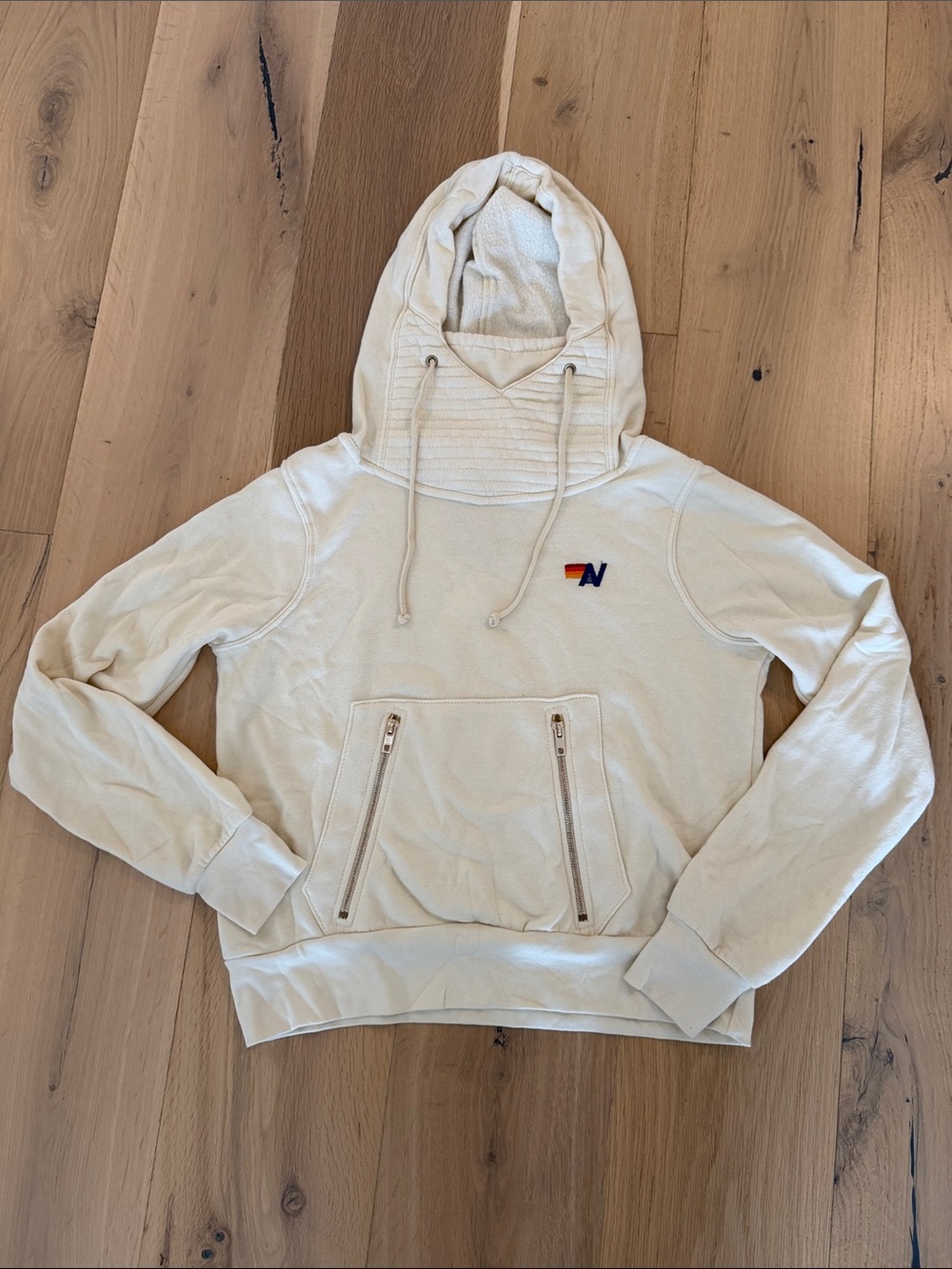 Aviator Nation Cream Hooded Sweatshirt with Small Multi-Color Logo